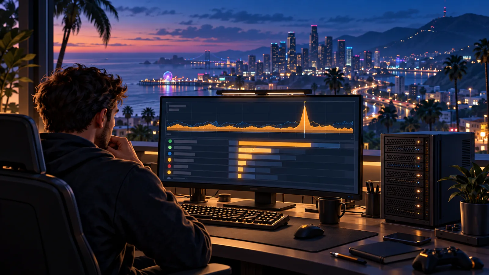 Concept illustration of a developer workstation with a performance timeline overlooking a coastal roleplay city.